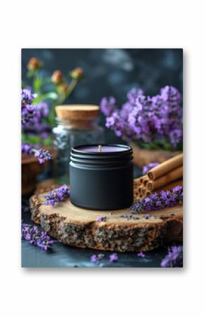 Black candle jar surrounded with lavender flowers and sandalwood