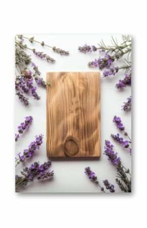  wooden panel surrounded by lavender on white background 