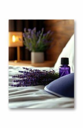 A serene bedroom scene featuring lavender flowers and essential oil, promoting relaxation and wellness ambiance.