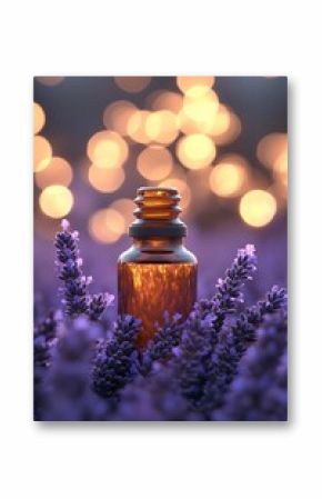 Lavender oil bottle surrounded by fresh lavender sprigs, soft bokeh background