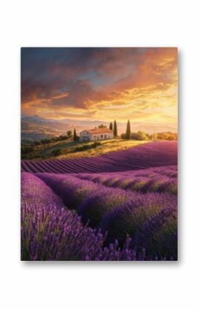 Picturesque Lavender Field at Sunset with Idyllic Tuscan Estate in the Distance