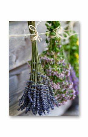 Herbs drying on the wooden barn in the garden