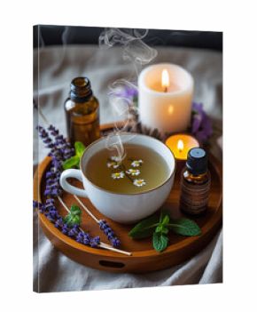 Aromatherapy detox ritual with steaming chamomile tea, lavender and mint sprigs, essential oils, candlelight, and incense, wooden tray on linen fabric for a calming self-care mood.