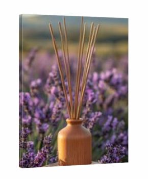 Wooden diffuser with reeds sits amidst vibrant lavender field, bathed in warm sunlight