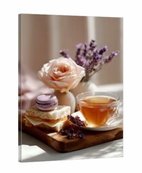 Romantic morning tea setting with peach rose, lavender sprigs, purple macaron and sandwich on wooden board. Natural sunlight creates cozy atmosphere.