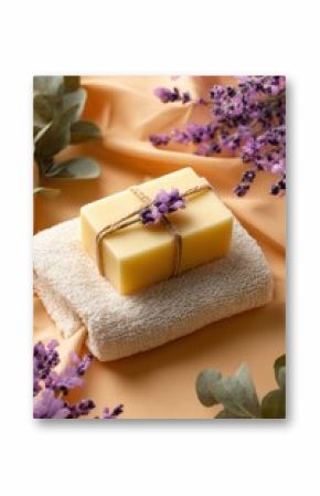 Artisanal soap bar with lavender garnish, presented on a plush towel against a soft-toned backdrop.