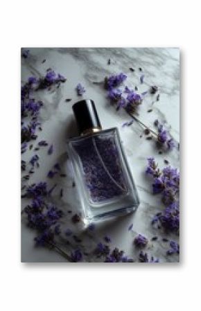A clear glass perfume bottle filled with lavender sits on a marble surface surrounded by dried lavender flowers. The scene conveys a sense of calm and elegance.