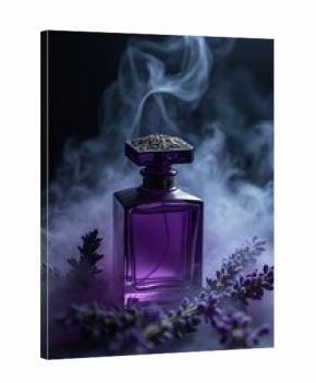 Elegant dark purple perfume bottle with intricate cap, surrounded by wisps of smoke, fresh lavender sprigs. Luxurious, mysterious fragrance presentation, evoking glamour, sophistication. Perfect for