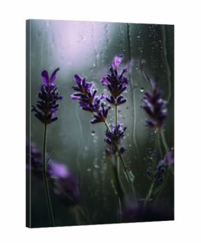 Tranquil View of Purple Lavender Blossoms Against a Wet Glass Surface on a Rainy Day