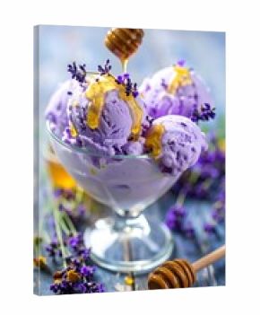 A delicate serving of lavender-infused ice cream, drizzled with honey, presented in a glass bowl, adorned with fresh lavender sprigs.