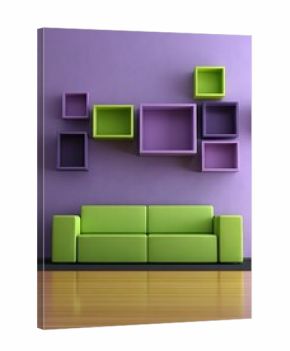 A modern room with a vibrant lime green sofa and patterned purple and lime green wall shelves against a lavender background.