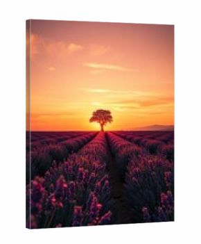 Lavender field leading to a silhouetted tree under a sunset