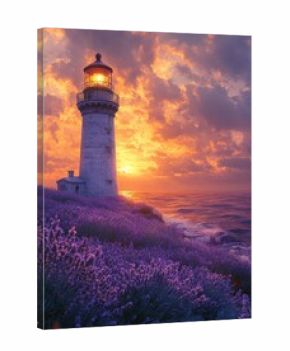 A serene lighthouse stands amid vibrant lavender fields as the sun sets, casting a purple glow over the tranquil sea.