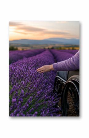 A serene scene of a person in a wheelchair gently touching vibrant lavender fields at sunset, highlighting beauty and accessibility in nature.
