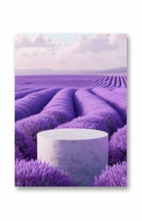 22. A vibrant lavender field with a stone podium set in the middle, surrounded by rows of blooming flowers, the soft purple hues creating a peaceful space for product showcasing