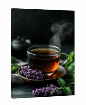 Warm herbal tea served in a glass cup with lavender