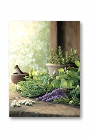 A Diverse Array of Fresh Herbs on Rustic Wooden Table in Sunlit Kitchen