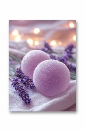 Beautiful lavender bath bombs resting on a soft cloth surrounded by fresh lavender flowers and fairy lights