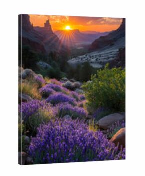 Vibrant sunset over lavender field in canyon.