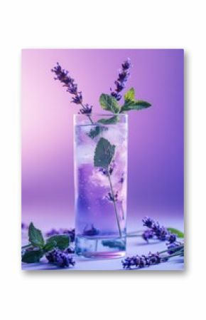 Minimalist lavender and mint mojito in a tall glass with vibrant green and purple tones