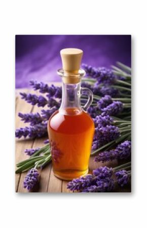 lavender flowers and a bottle of lavender oil on a wooden table