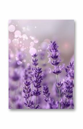 Lavender Dreams: A dreamy field of lavender blossoms bathed in soft, ethereal light, creating a serene and romantic atmosphere. Purple flowers sway gently in the breeze.