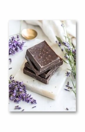 Decadent chocolate bars stacked on a marble surface surrounded by fresh lavender flowers : Generative AI