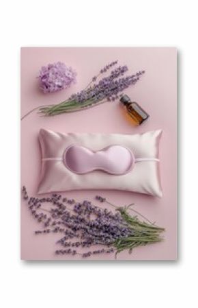 Soft pillow surrounded by soothing lavender and essential oil, p