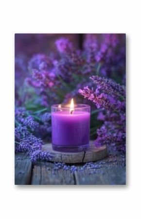 Serene lavender candle ambiance on rustic wood with soft focus purple blooms in background evoking calm and relaxation for aromatherapy spa