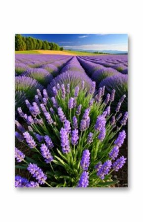 The foreground is a lavender field of rows of lavender flowers