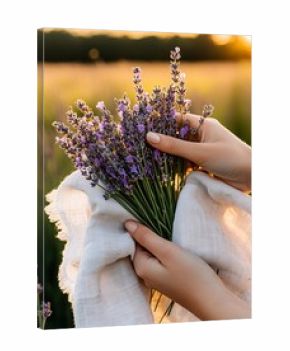 Hands holding a lavender bouquet in a sunlit field