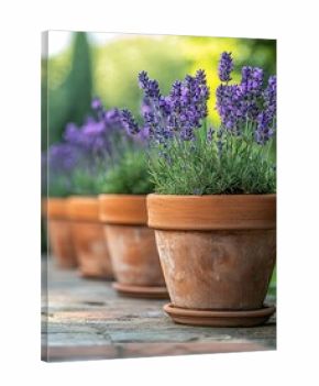 Terracotta pots filled with blooming lavender arranged on steps in front of home entrance with sunlight emphasizing rustic decor and floral color harmony in outdoor gardening image