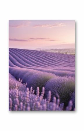A magical field of lavender stretching endlessly under a pink and purple sunset.