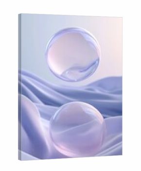 A 3D render of glass spheres in pale lavender and light pink, gently floating above a soft gradient background transitioning from light blue to deep navy