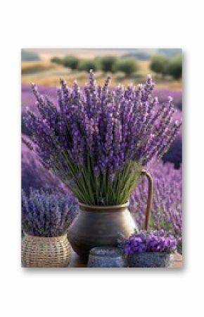 Beautiful purple lavender flower arrangements sitting on a wooden table