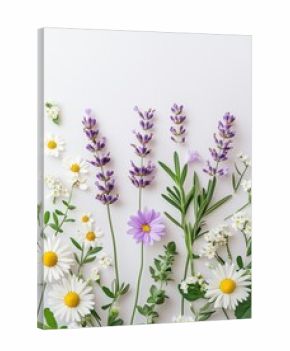 Flat lay of blooming lavender and daisy flowers arranged on white background for spring and Easter season