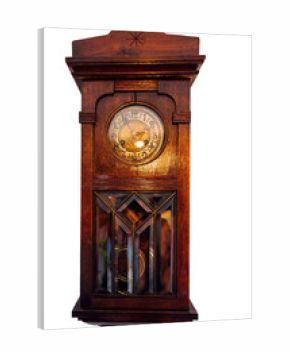 Old vintage antique carved wooden retro clock on white background