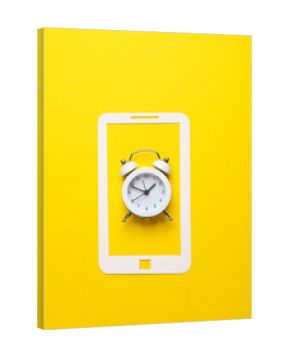 Paper-cut smartphone icon with alarm clock on a yellow background