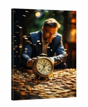 Businessman with an alarm clock and coins on top of a stack of gold
