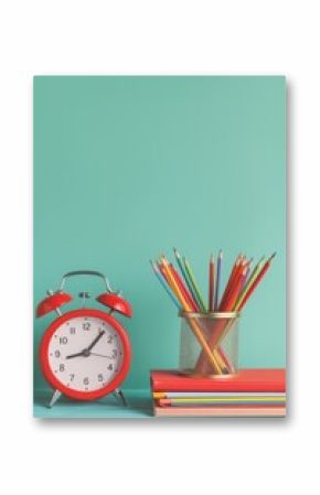 A red alarm clock sits alongside colored pencils neatly arranged in a metallic pencil holder on a desk, accompanied by a stack of books 