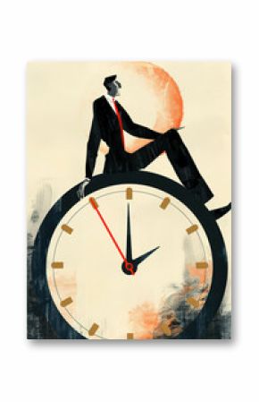 A businessman reflects on time's flow against a minimalist clock illustration.