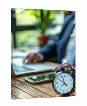 A man is sitting at a desk with a laptop and a black alarm clock. The clock is set to the time of 9:00