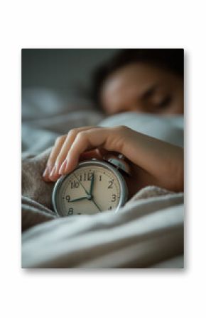 A woman is holding an alarm clock that is set to 7:00