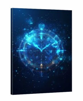 Futuristic clock face with glowing blue light, time, concept, countdown, time travel, and technology