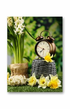 Alarm clock on green grass, on nature background