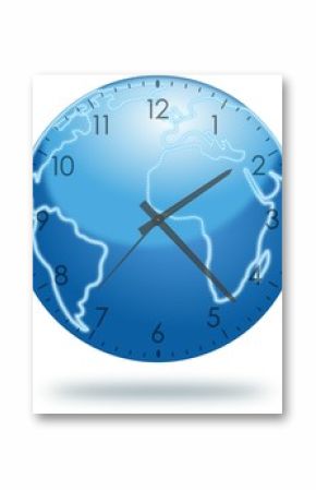 Blue planet Earth with clock face isolated on white