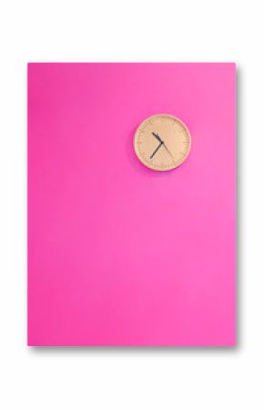 Wooden round wall watch - clock isolated on pink wall in a girl's room. conceptual of time. Minimal style interior decoration. Pop culture. Copy space.