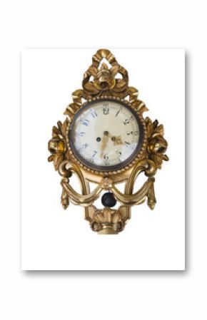 Old antique gold-plated wall clock isolated with no background