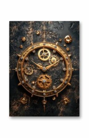 Ornate gold clock with intricate gears and diamonds on dark background