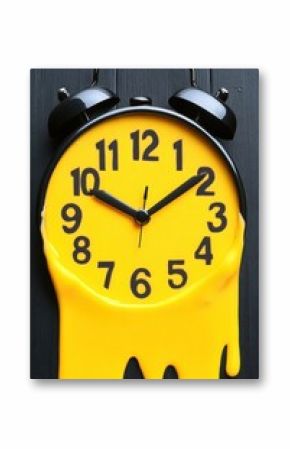 A black analog clock with a melting, yellow face, sits on a dark wooden surface  Melted yellow paint drips from the clock face